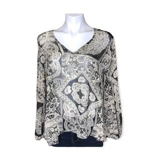 YETTS Sheer Lace Print Split Back Black Beige Medium